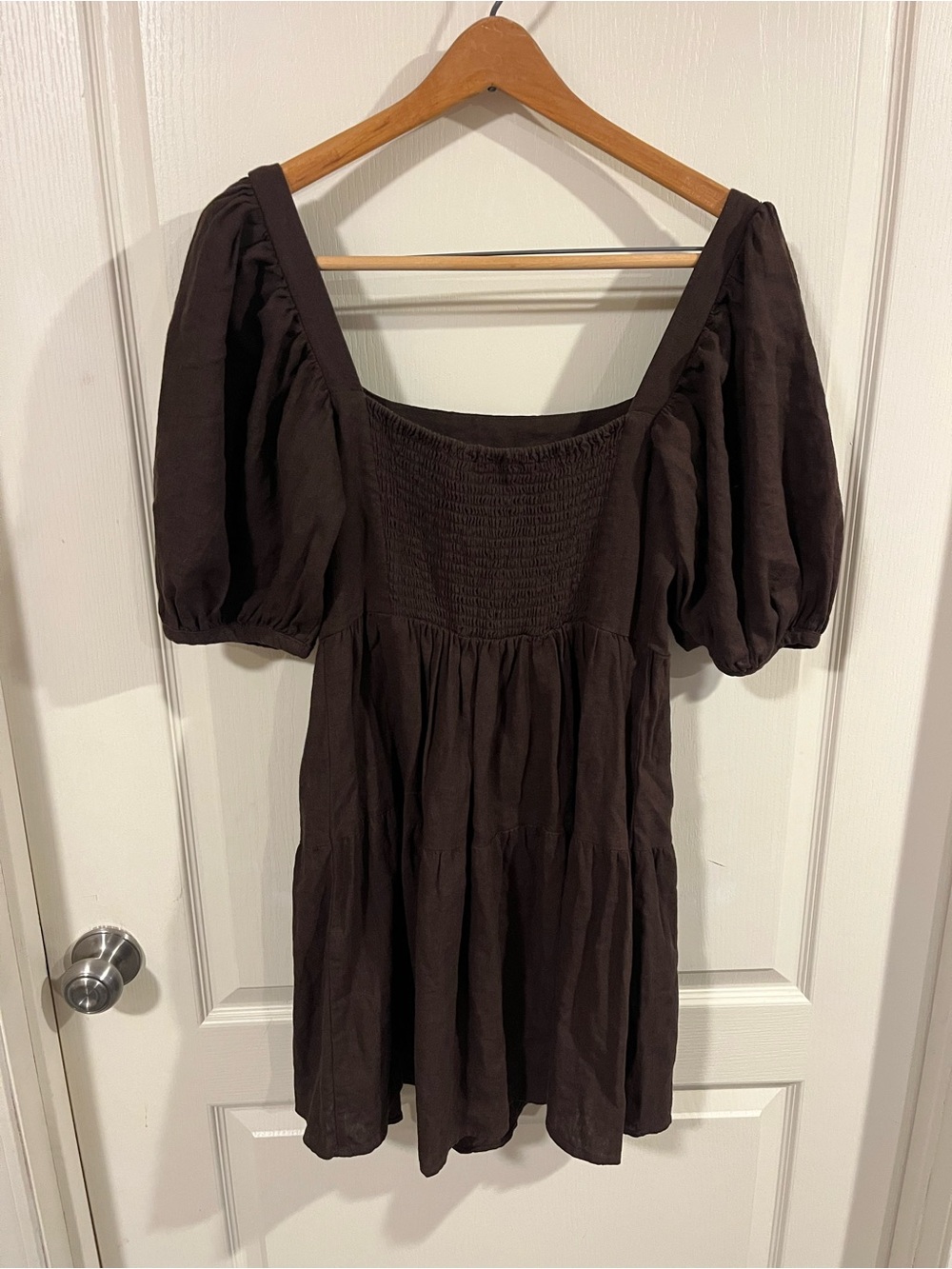 House of Harlow 1960 Chocolate Brown Puff Sleeve Tiered Mini Dress - Picture 6 of 6